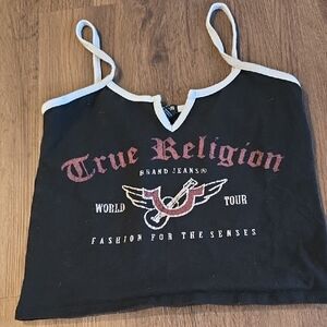 True Religion Black Crop Camisole with White Trim and Red Logo